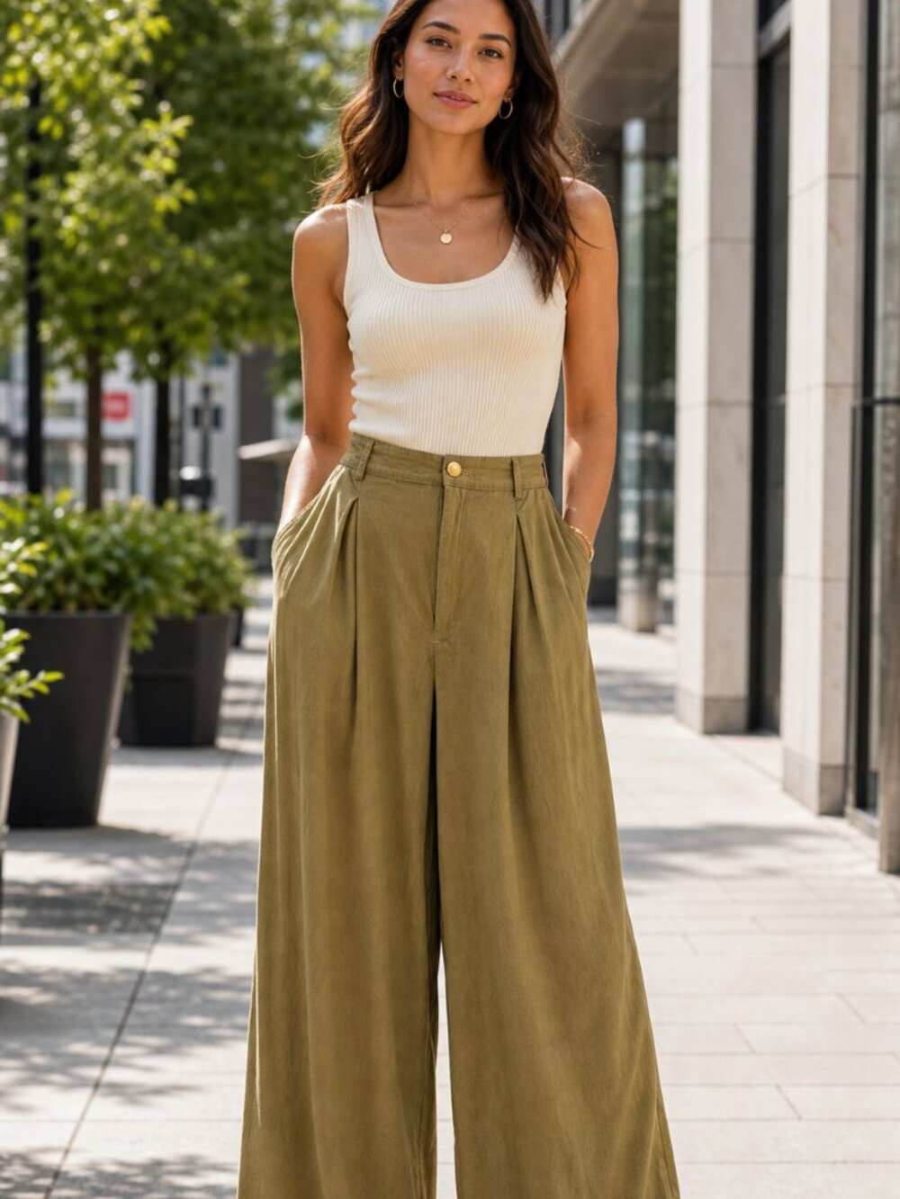 Minkpink Khaki Cotton Linen Wide Leg Pants Relaxed Boho Trousers Size Small